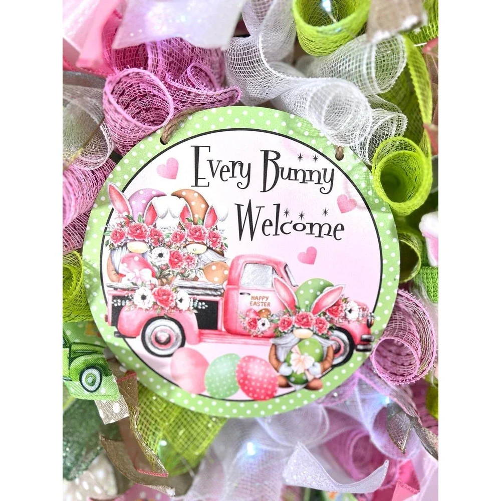Handmade Easter Bunny Gnome Prelit Ribbon Wreath 22 in LED W12
